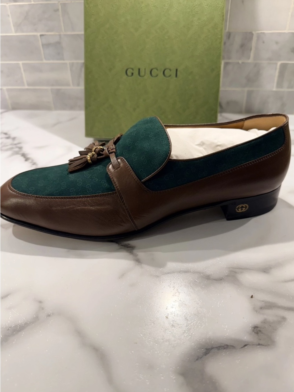 Gucci Brown Leather & Green Suede Tassel Loafers